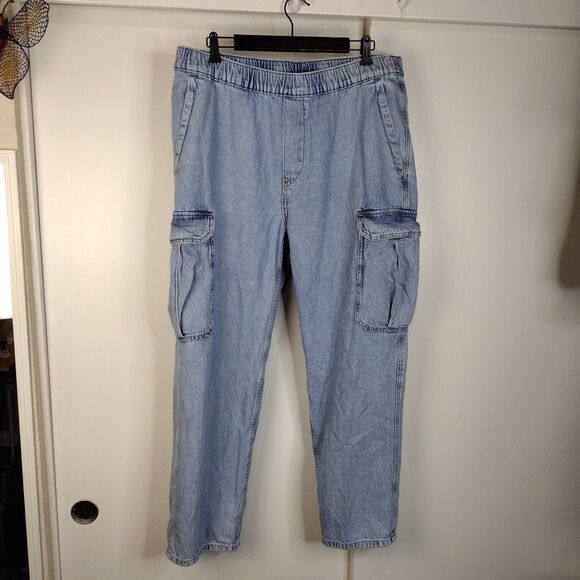 H&M Loose Fit Elastic Drawstring Waste Ample Cargo Wide Leg Jeans Sz XL Blue - Picture 1 of 7